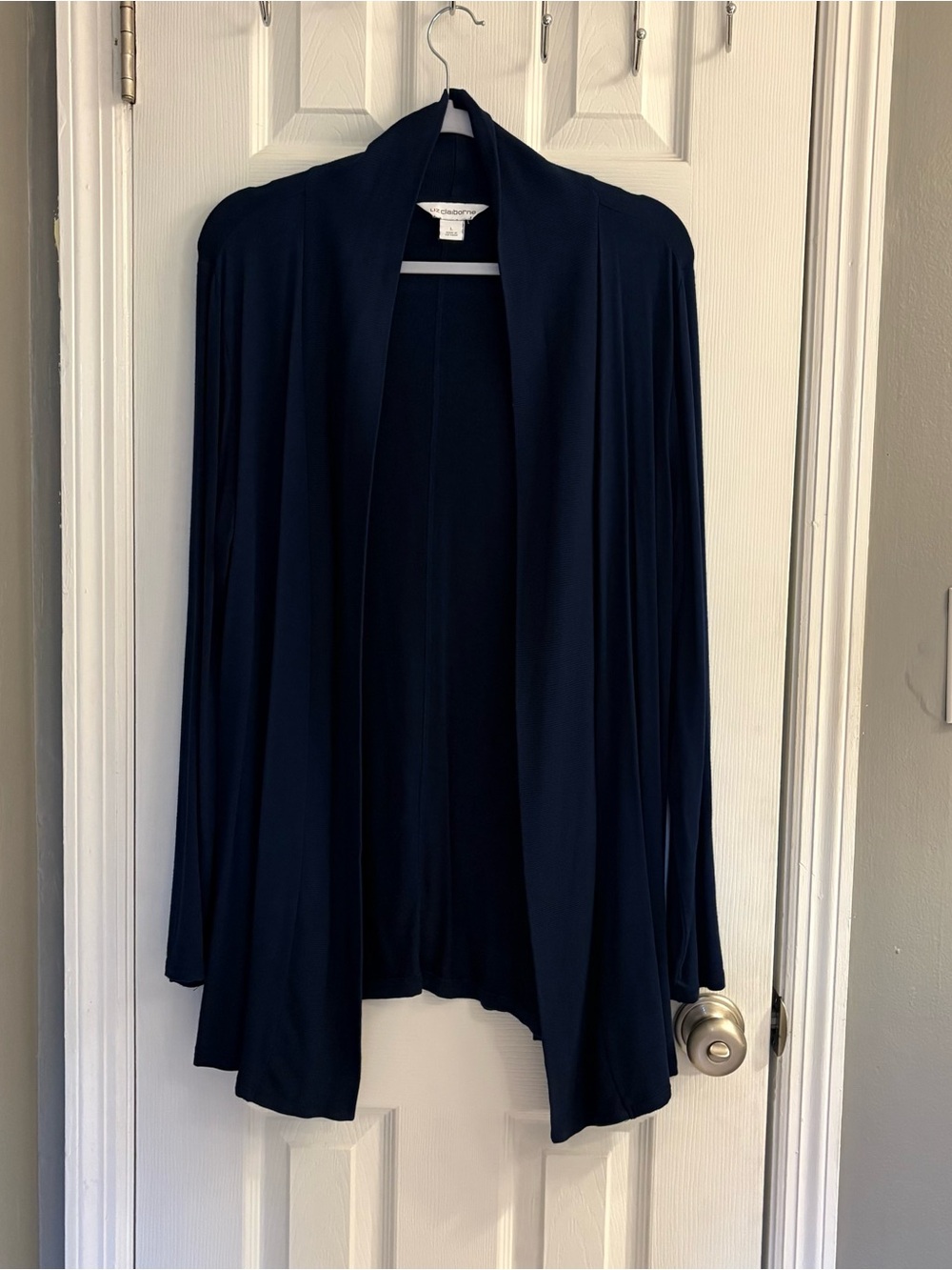 Liz Claiborne Women's Large Navy Blue Draped Open Front Cardigan Rayon Spandex.